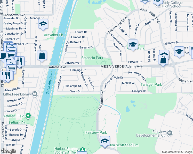 map of restaurants, bars, coffee shops, grocery stores, and more near 1943 Pelican Place in Costa Mesa