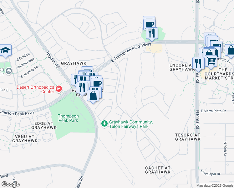map of restaurants, bars, coffee shops, grocery stores, and more near North Grayhawk Drive in Scottsdale