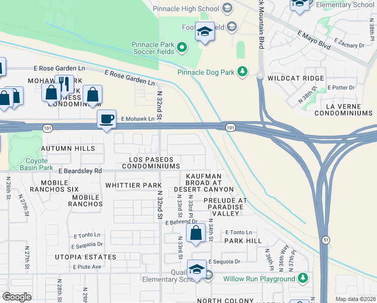 map of restaurants, bars, coffee shops, grocery stores, and more near 3335 East Blackhawk Drive in Phoenix