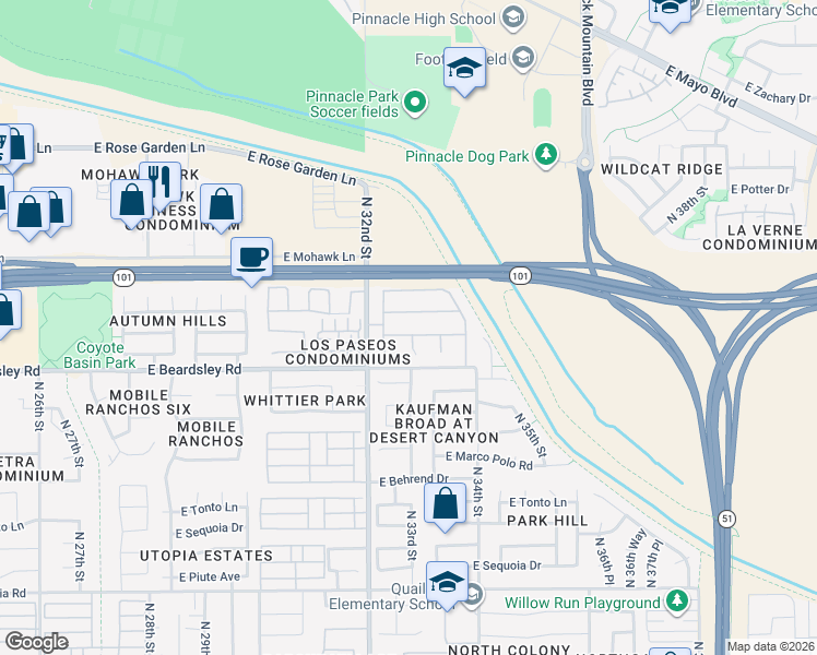 map of restaurants, bars, coffee shops, grocery stores, and more near 3229 East Blackhawk Drive in Phoenix