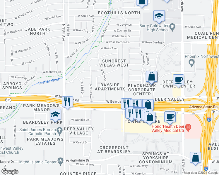 map of restaurants, bars, coffee shops, grocery stores, and more near 20245 North 32nd Drive in Phoenix