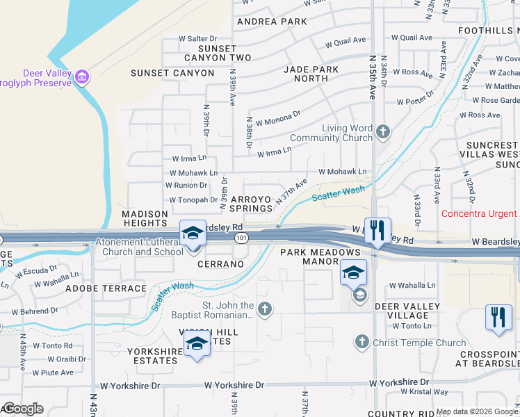 map of restaurants, bars, coffee shops, grocery stores, and more near 3711 West Blackhawk Drive in Glendale