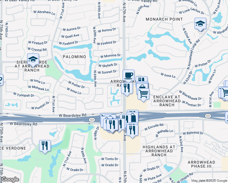map of restaurants, bars, coffee shops, grocery stores, and more near 20250 North 67th Avenue in Glendale