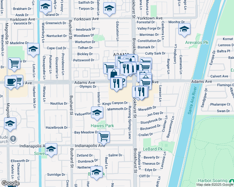 map of restaurants, bars, coffee shops, grocery stores, and more near 9882 Adams Avenue in Huntington Beach