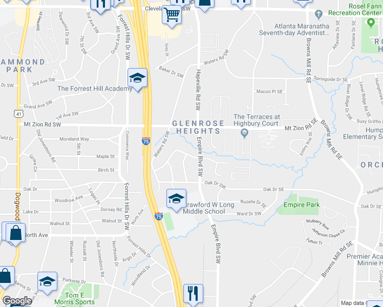 map of restaurants, bars, coffee shops, grocery stores, and more near 163 Glenrose Circle Southwest in Atlanta