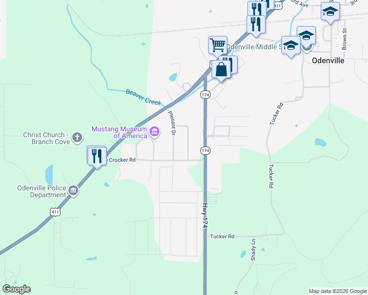 map of restaurants, bars, coffee shops, grocery stores, and more near 94 Crocker Road in Odenville