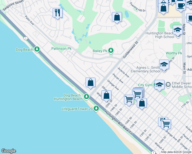 map of restaurants, bars, coffee shops, grocery stores, and more near 6626 Feather Drive in Huntington Beach