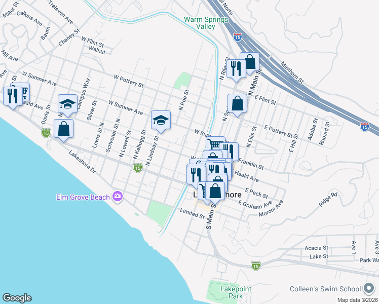 map of restaurants, bars, coffee shops, grocery stores, and more near 305 West Heald Avenue in Lake Elsinore