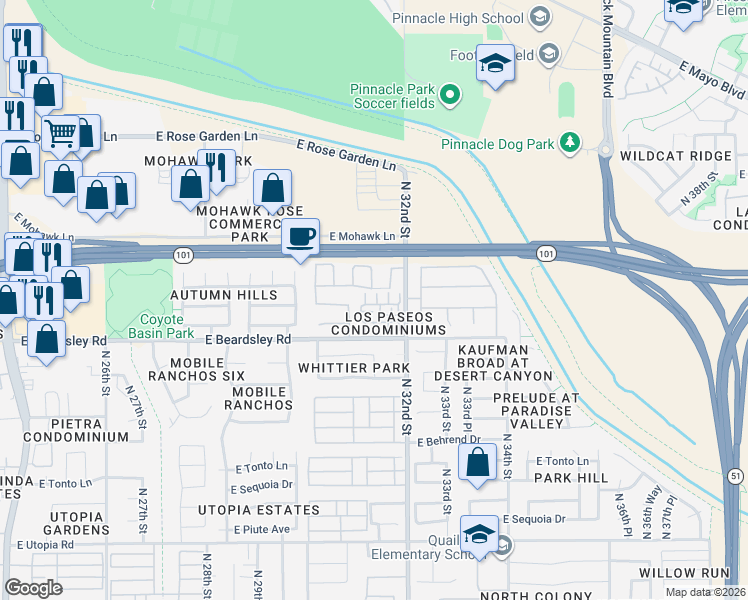 map of restaurants, bars, coffee shops, grocery stores, and more near 3150 East Beardsley Road in Phoenix