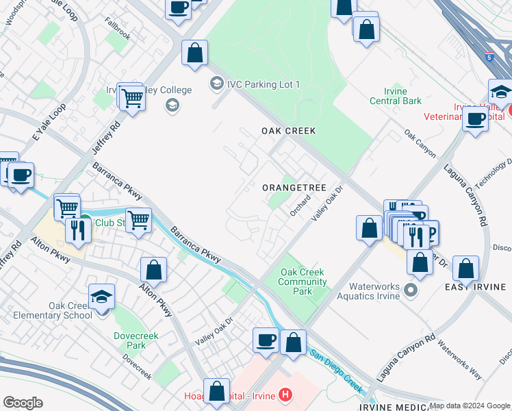 map of restaurants, bars, coffee shops, grocery stores, and more near 41 Tangelo in Irvine