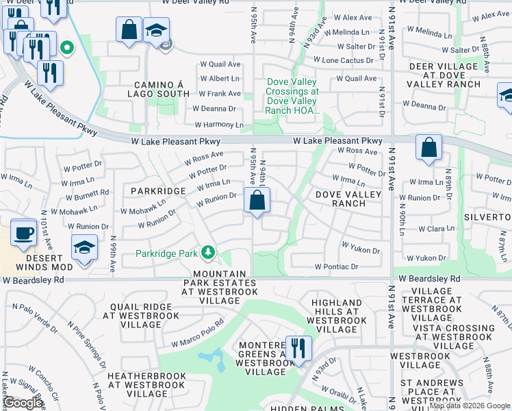 map of restaurants, bars, coffee shops, grocery stores, and more near 9457 West Mary Ann Drive in Peoria