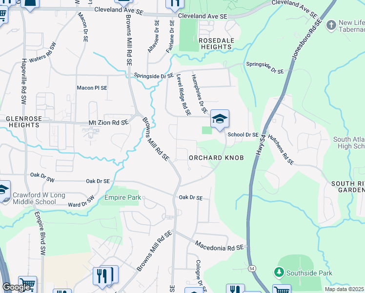 map of restaurants, bars, coffee shops, grocery stores, and more near 3102 Brownstone Lane SE in Atlanta