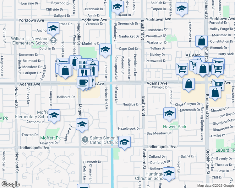 map of restaurants, bars, coffee shops, grocery stores, and more near 20076 Marina Lane in Huntington Beach