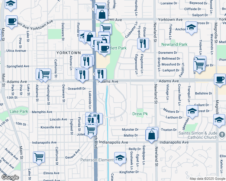 map of restaurants, bars, coffee shops, grocery stores, and more near 20092 Bayfront Lane in Huntington Beach