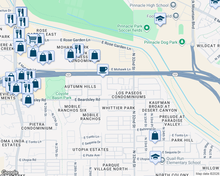 map of restaurants, bars, coffee shops, grocery stores, and more near 3030 East Pontiac Drive in Phoenix