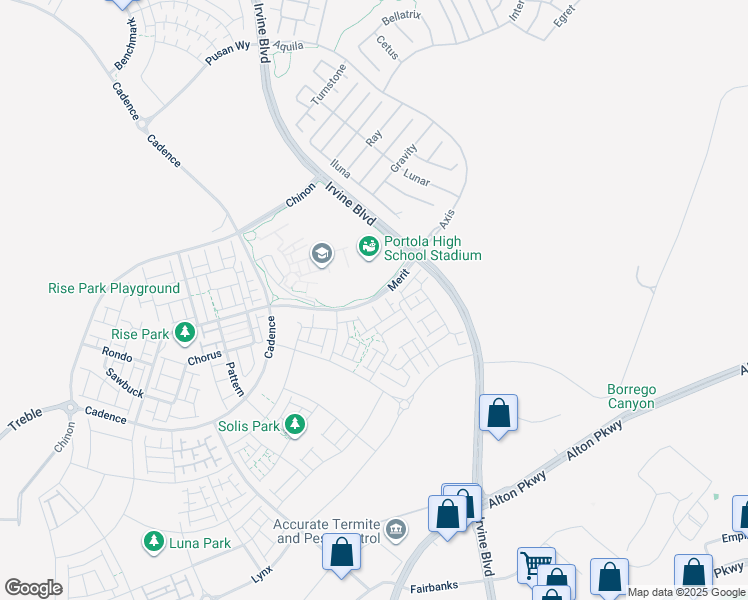 map of restaurants, bars, coffee shops, grocery stores, and more near 340 Merit in Irvine