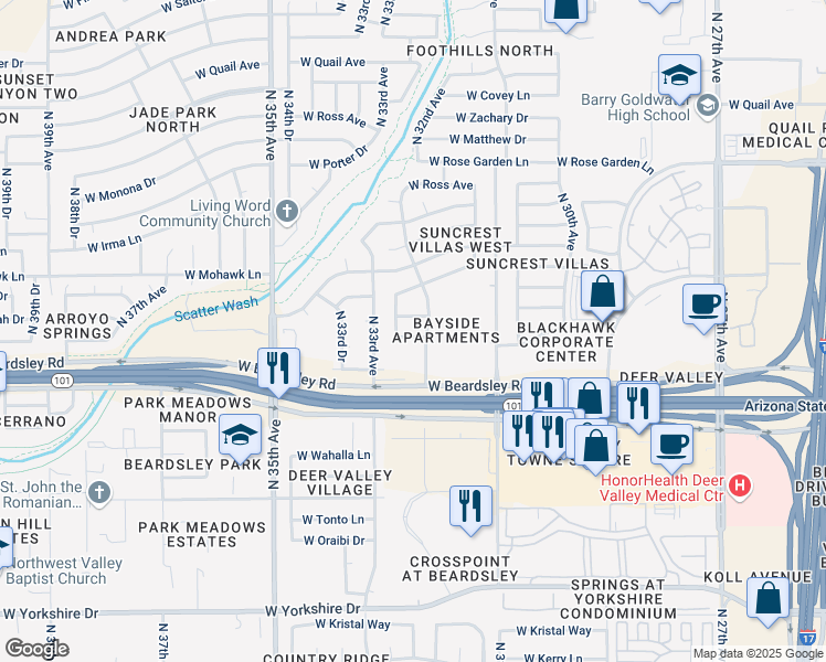 map of restaurants, bars, coffee shops, grocery stores, and more near 3237 West Blackhawk Drive in Phoenix