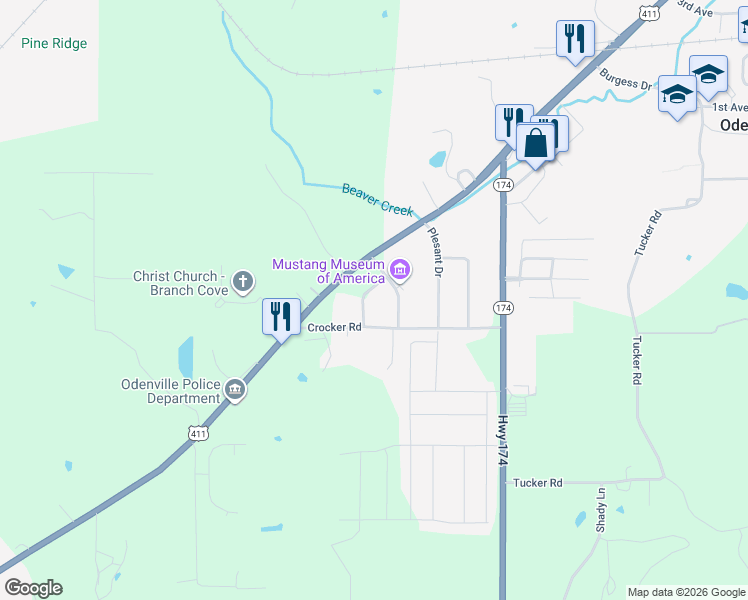 map of restaurants, bars, coffee shops, grocery stores, and more near 160 Gina Court in Odenville