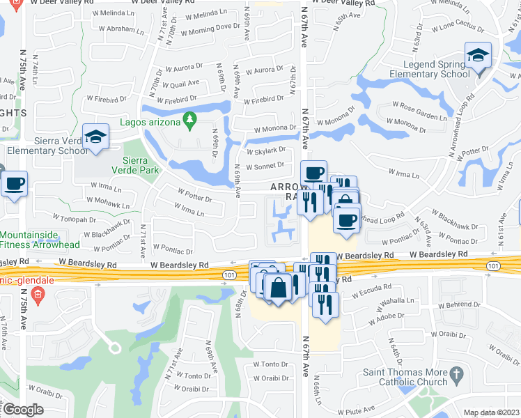 map of restaurants, bars, coffee shops, grocery stores, and more near 20719 North 68th Drive in Glendale