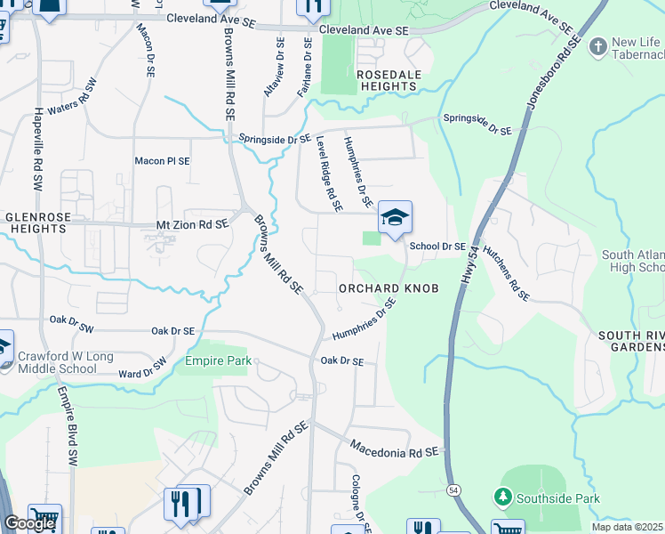 map of restaurants, bars, coffee shops, grocery stores, and more near 3108 Brownstone Lane SE in Atlanta