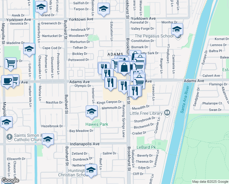 map of restaurants, bars, coffee shops, grocery stores, and more near 9882 Adams Avenue in Huntington Beach