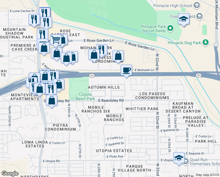 map of restaurants, bars, coffee shops, grocery stores, and more near 20234 North 29th Place in Phoenix
