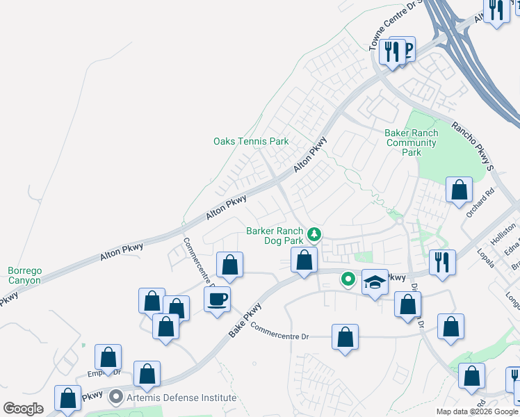 map of restaurants, bars, coffee shops, grocery stores, and more near 16 Dahlia in Lake Forest
