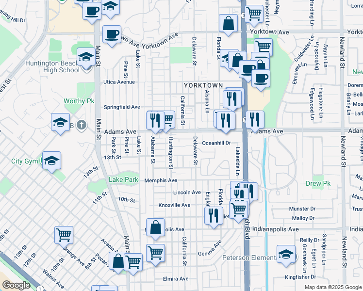 map of restaurants, bars, coffee shops, grocery stores, and more near 341 Portland Circle in Huntington Beach