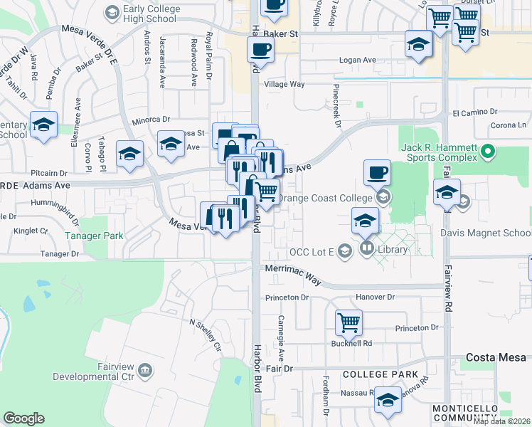 map of restaurants, bars, coffee shops, grocery stores, and more near 2706 Harbor Boulevard in Costa Mesa