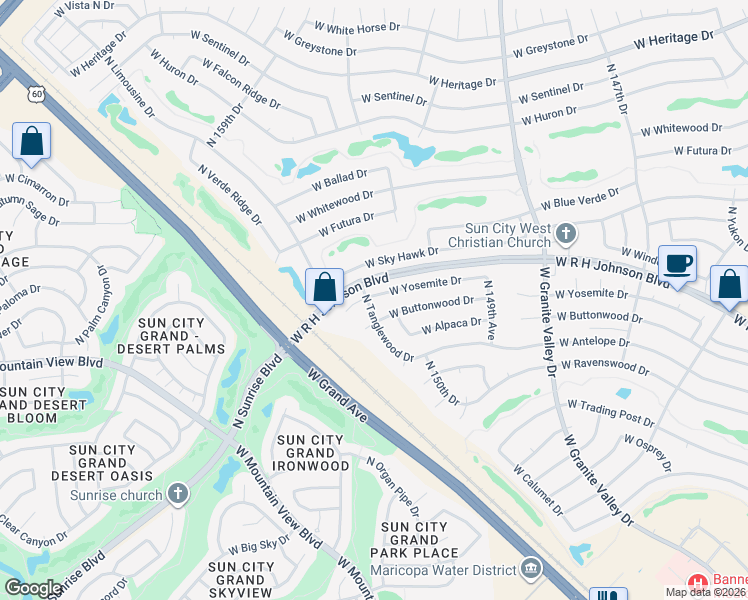 map of restaurants, bars, coffee shops, grocery stores, and more near 15022 West Buttonwood Drive in Sun City West