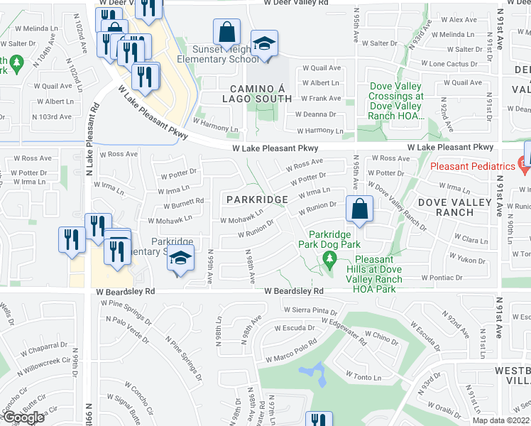 map of restaurants, bars, coffee shops, grocery stores, and more near 9725 West Runion Drive in Peoria