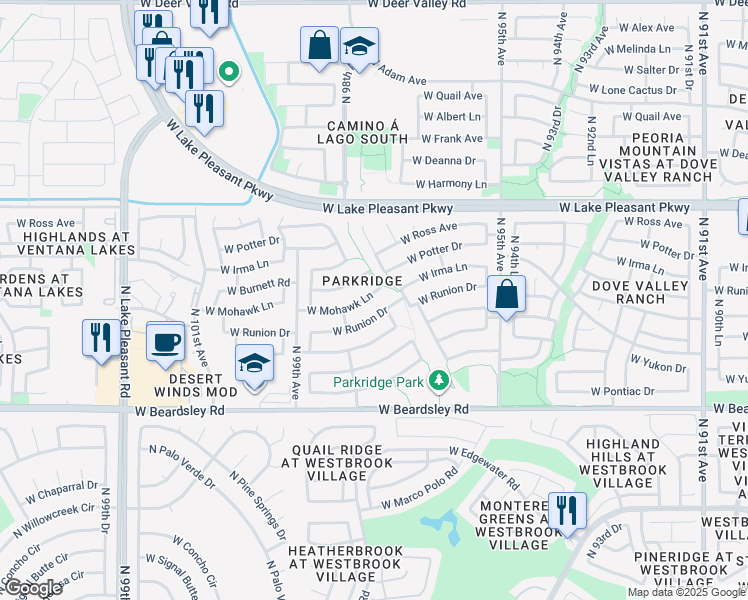map of restaurants, bars, coffee shops, grocery stores, and more near 9725 West Runion Drive in Peoria