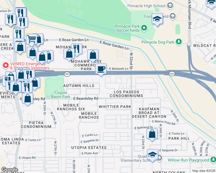 map of restaurants, bars, coffee shops, grocery stores, and more near 3030 East Pontiac Drive in Phoenix