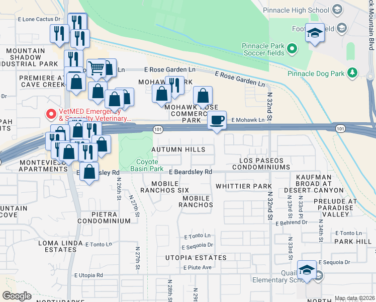 map of restaurants, bars, coffee shops, grocery stores, and more near 2921 East Blackhawk Drive in Phoenix