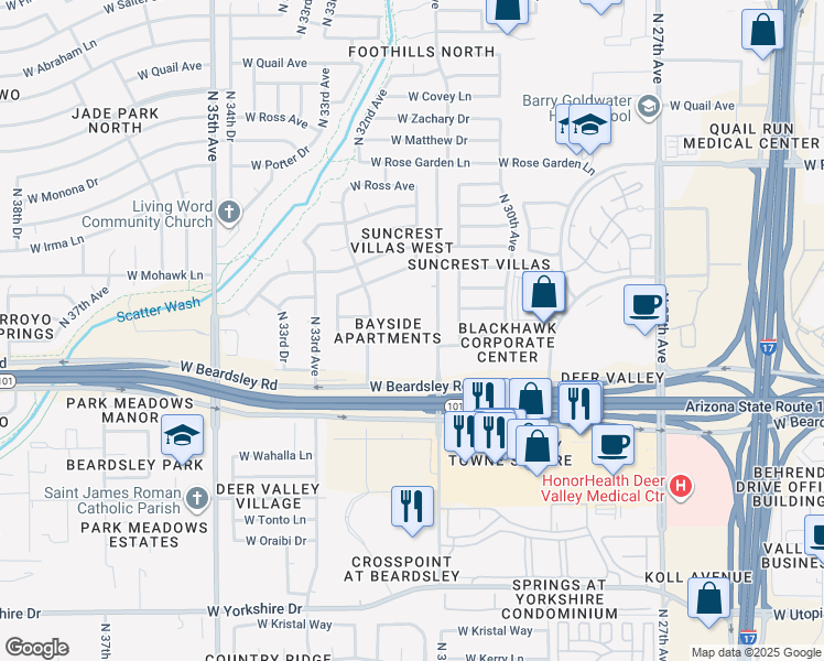 map of restaurants, bars, coffee shops, grocery stores, and more near 6 West Blackhawk Drive in Phoenix
