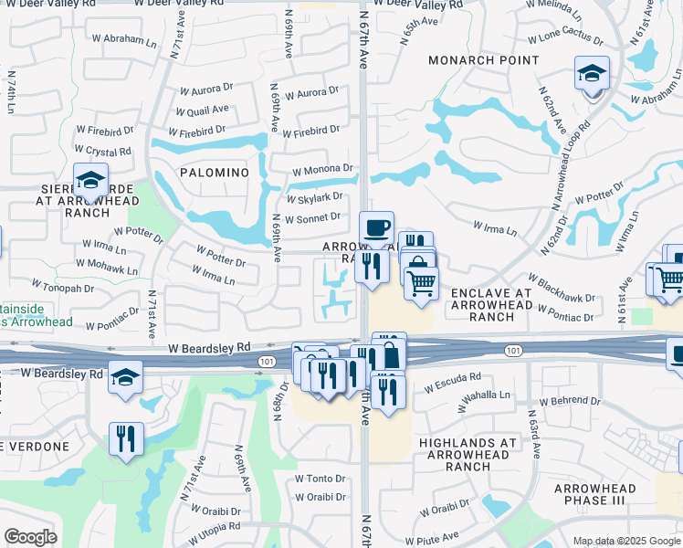 map of restaurants, bars, coffee shops, grocery stores, and more near 20250 North 67th Avenue in Glendale