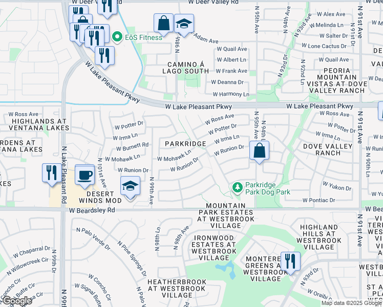 map of restaurants, bars, coffee shops, grocery stores, and more near 9725 West Runion Drive in Peoria