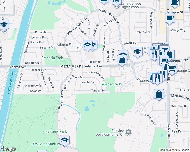 map of restaurants, bars, coffee shops, grocery stores, and more near 1797 Oriole Drive in Costa Mesa