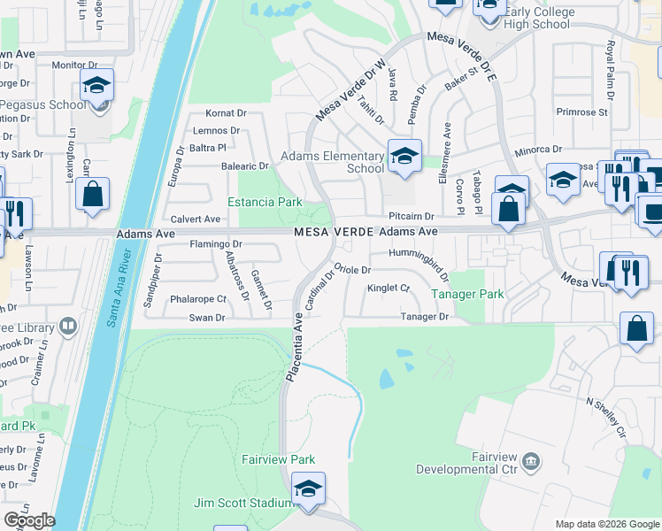 map of restaurants, bars, coffee shops, grocery stores, and more near 2735 Cardinal Drive in Costa Mesa