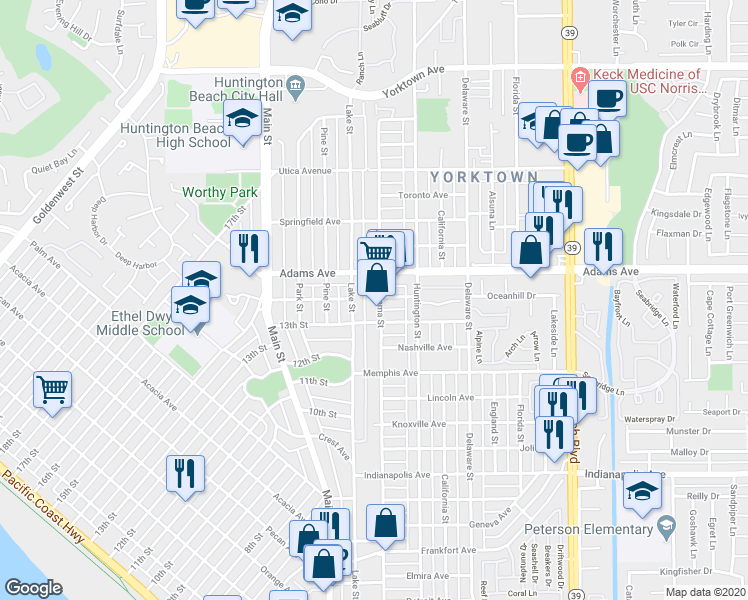 map of restaurants, bars, coffee shops, grocery stores, and more near 1102 Lake Street in Huntington Beach