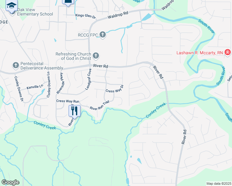 map of restaurants, bars, coffee shops, grocery stores, and more near 3419 River Run Trail in Decatur