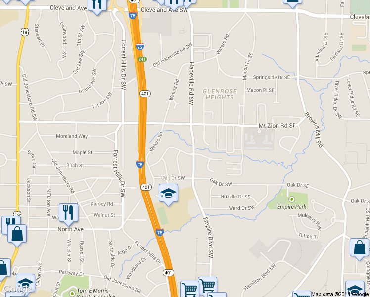 map of restaurants, bars, coffee shops, grocery stores, and more near 163 Glenrose Circle Southwest in Atlanta