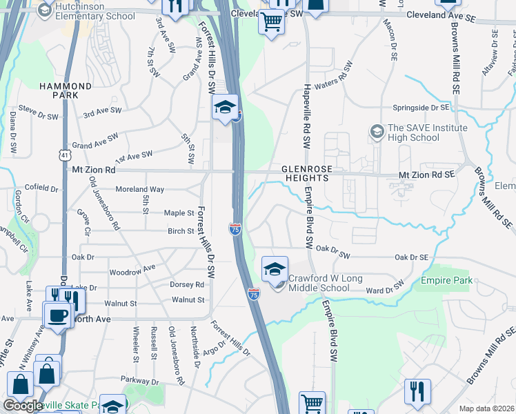 map of restaurants, bars, coffee shops, grocery stores, and more near 221 Glenrose Circle Southwest in Atlanta