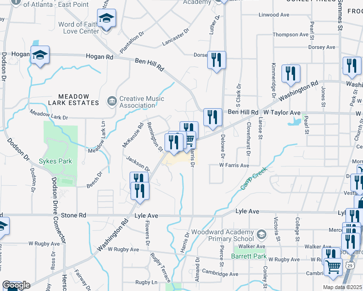 map of restaurants, bars, coffee shops, grocery stores, and more near 3128 Washington Road in East Point