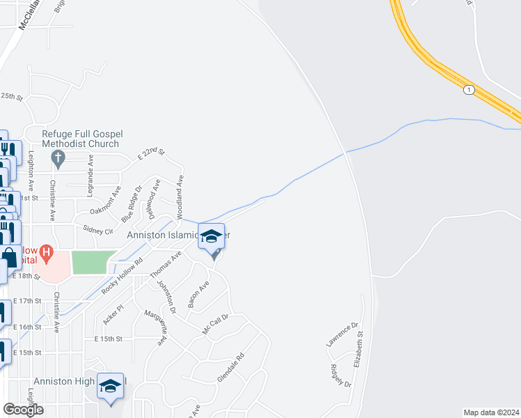 map of restaurants, bars, coffee shops, grocery stores, and more near 2133 Thomas Avenue in Anniston