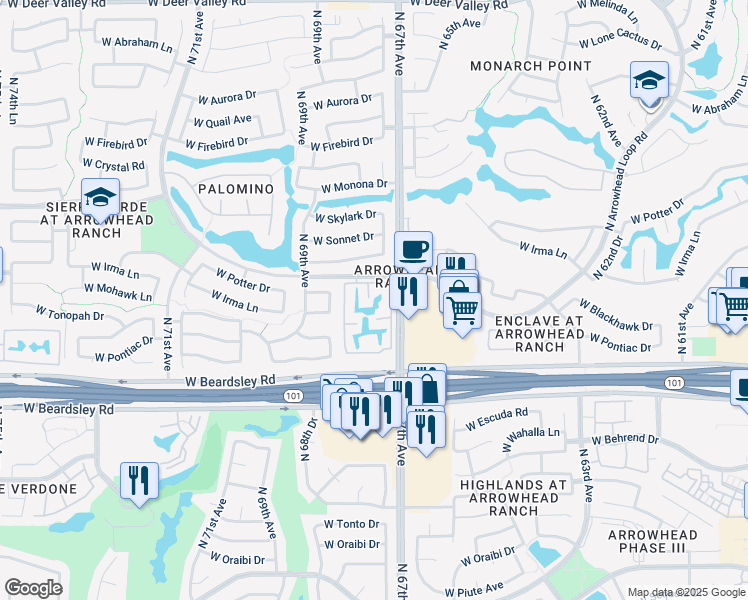 map of restaurants, bars, coffee shops, grocery stores, and more near 20250 North 67th Avenue in Glendale