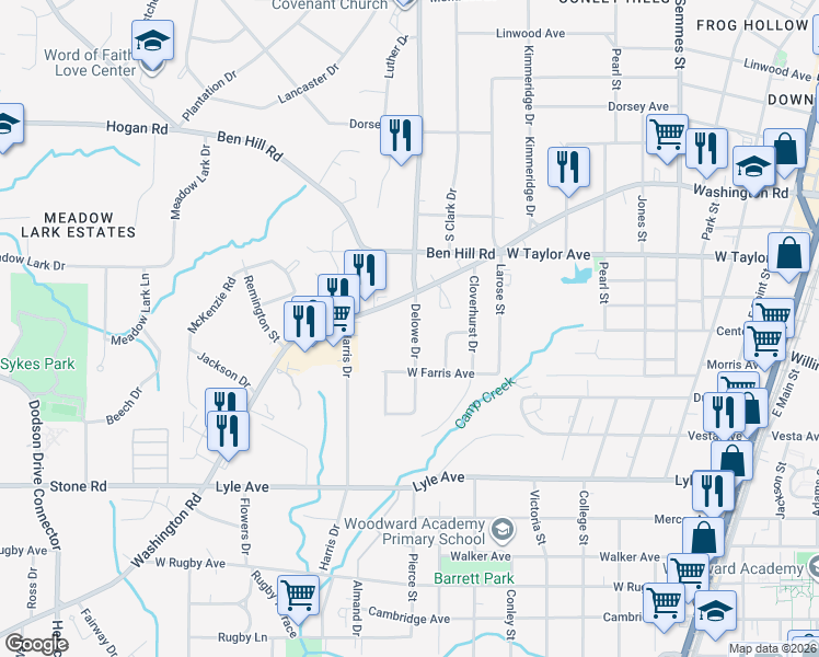 map of restaurants, bars, coffee shops, grocery stores, and more near 3122 Delowe Drive in East Point