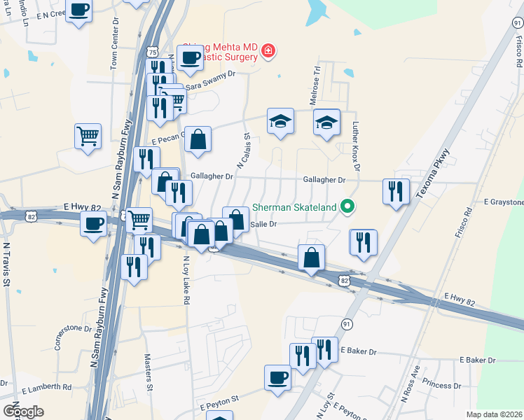 map of restaurants, bars, coffee shops, grocery stores, and more near 3113 Northridge Drive in Sherman