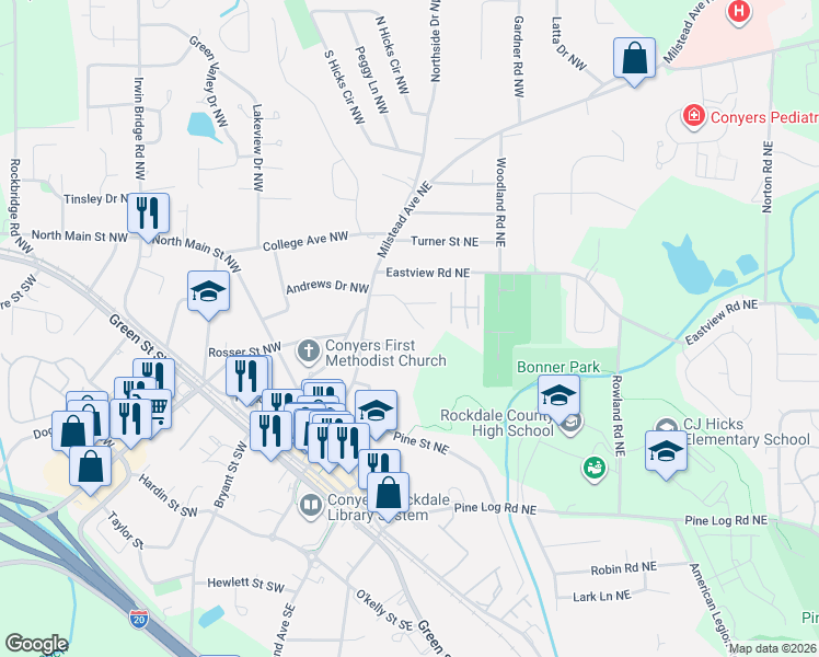 map of restaurants, bars, coffee shops, grocery stores, and more near 1027 Barn Oak Court Northeast in Conyers