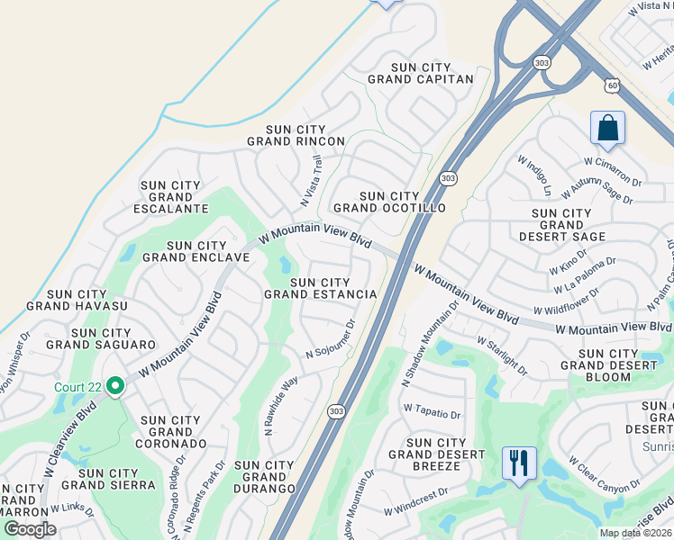 map of restaurants, bars, coffee shops, grocery stores, and more near 16547 West Torrance Lane in Surprise